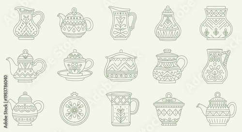 Collection of Hand Drawn Ornate Teapots and Pitchers with Intricate Patterns.