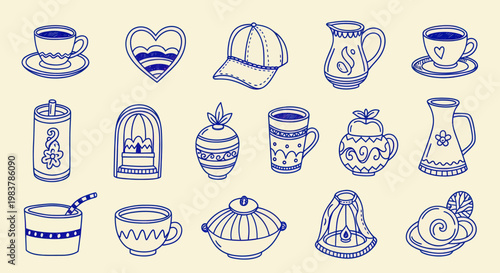 Collection of Hand-Drawn Blue and White Ceramic Household Items and Decorative Objects.