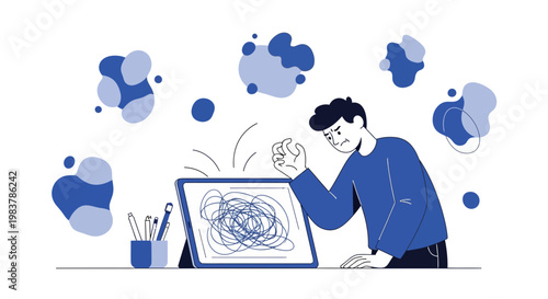 Frustrated artist or designer struggling with creative block, tangled lines on tablet screen