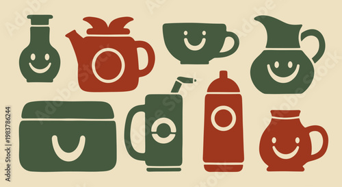 Collection of Illustrated Happy Kitchenware and Drinkware Items.
