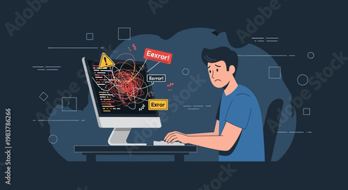 Frustrated programmer facing computer errors and bugs, coding problems, debugging