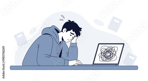 Frustrated student struggling with online learning, feeling overwhelmed and stressed.