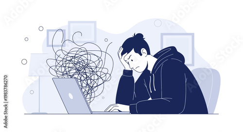 Frustrated student with tangled thoughts on laptop, overwhelmed by online learning and stress
