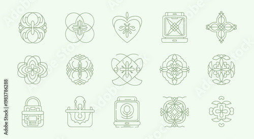 Collection of intricate line art designs and decorative elements.
