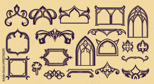 Collection of Intricate Gothic and Medieval Ornamental Design Elements.