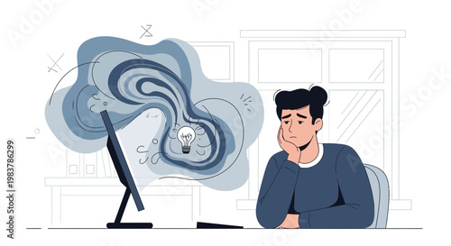 Man feeling stressed and overwhelmed by work, struggling with ideas and mental block