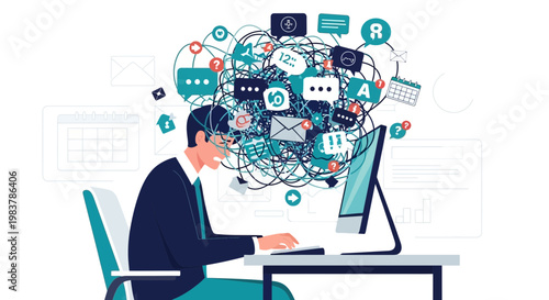 Overwhelmed businessman drowning in digital information, communication overload, stress at work