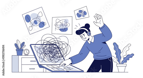 Overwhelmed designer struggling with complex digital art on laptop, creative block