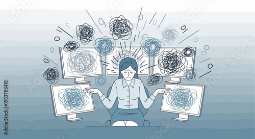 Overwhelmed businesswoman struggling with complex tasks and information overload at multiple computers