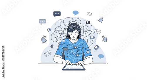 Overwhelmed woman drowning in digital notifications and information overload