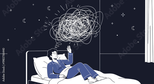 Person lying in bed at night with tangled thoughts and anxiety, insomnia concept
