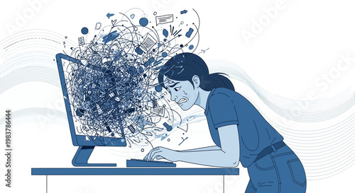 Overwhelmed woman struggling with complex computer tasks and information overload