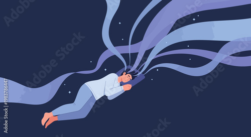 Person sleeping and dreaming, abstract flowing energy from head, night sky with stars
