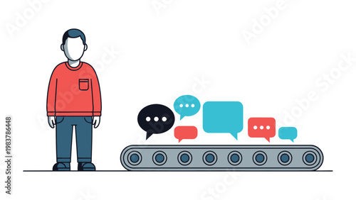 Conveyor Belt of Communication: An illustration depicts a person next to a conveyor belt transporting a stream of communication bubbles. This visual conveys themes of digital interaction.
