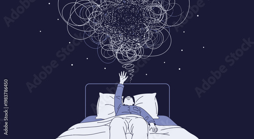 Person struggling with overwhelming thoughts and anxiety in bed at night