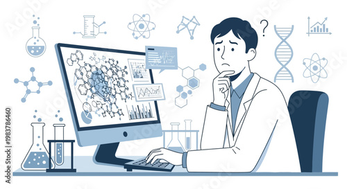 Scientist contemplating complex molecular data on computer screen in laboratory