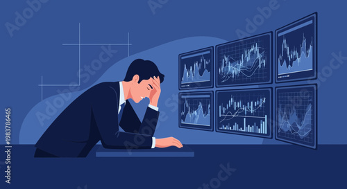 Stressed businessman looking at stock market charts on multiple screens, financial crisis concept