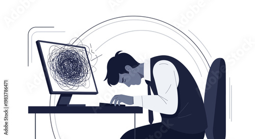 Stressed businessman overwhelmed by chaotic computer screen, mental breakdown at work