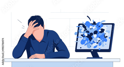 Stressed Businessman Overwhelmed by Computer Screen Explosion of Data and Stress