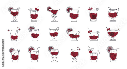 Collection of Red Cocktails and Drinks in Various Glasses.
