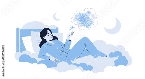 Woman dreaming of a cat while sleeping on clouds, night sky with moon