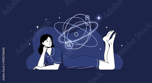Woman contemplating atomic structure, science, and knowledge, vector illustration