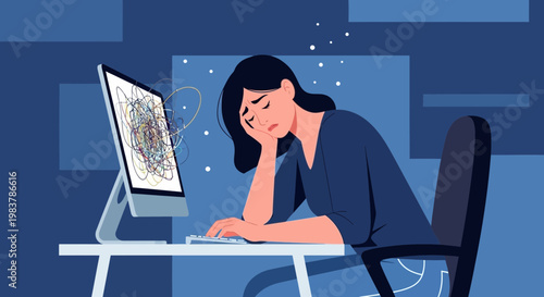 Woman feeling stressed and overwhelmed by work on computer, mental health concept