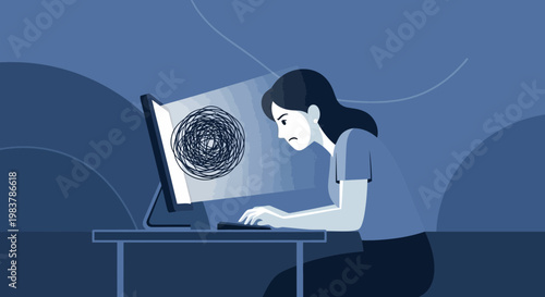 Woman feeling stressed and overwhelmed by digital information on computer screen