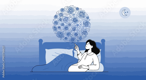 Woman in bed dreaming of flowers, night, sleep, imagination, peaceful night