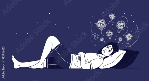 Woman lying awake at night with many ideas and worries swirling in her head
