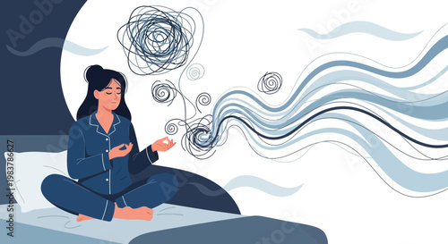 Woman meditating in bed, overcoming anxiety and mental health struggles with calm thoughts