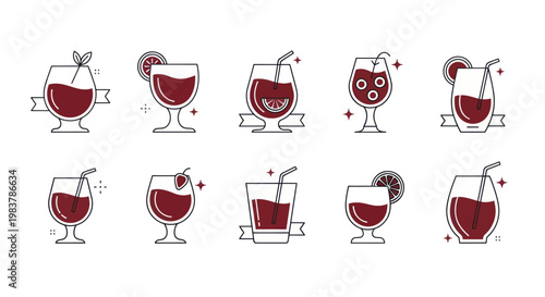 Collection of Red Cocktails and Drinks in Various Glasses.