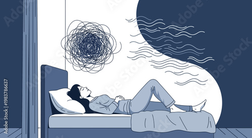 Woman lying in bed with tangled thoughts and wavy lines representing anxiety and stress