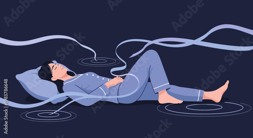 Woman sleeping peacefully, surrounded by calming waves and ripples, representing relaxation and tranquility.