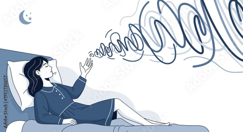 Woman struggling with insomnia, anxiety, and racing thoughts at night, mental health concept