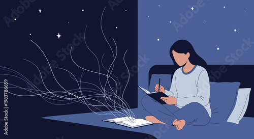 Woman writing in journal at night, imagination flowing into starry sky