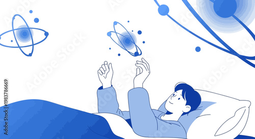 Young man in bed dreaming of atoms and molecules, science and imagination
