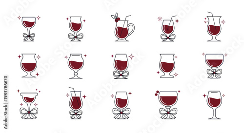 Collection of Red Wine Glasses with Festive Bows and Sparkles.