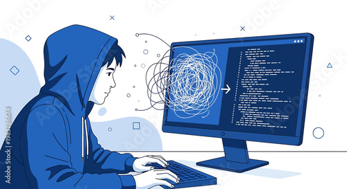Young coder in hoodie working on computer, messy code transforming into organized code