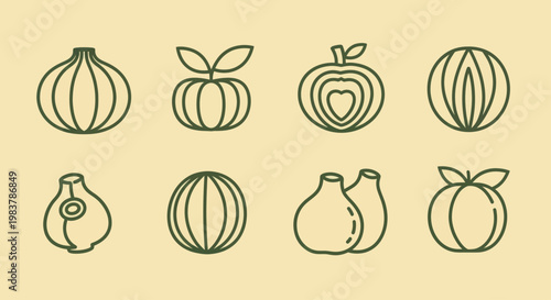 Collection of stylized line art icons representing various fruits and vegetables.