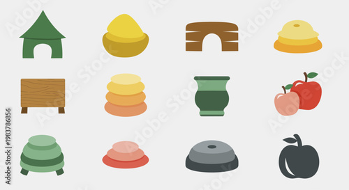 Collection of stylized objects and food items in a grid layout.