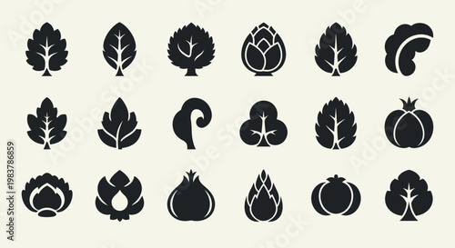Collection of stylized plant and vegetable icons in black and white.