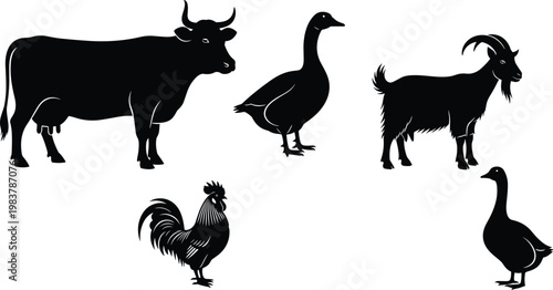 Farm animal silhouettes collection featuring cow, goose, goat, and rooster icons for agriculture, livestock, and poultry design
