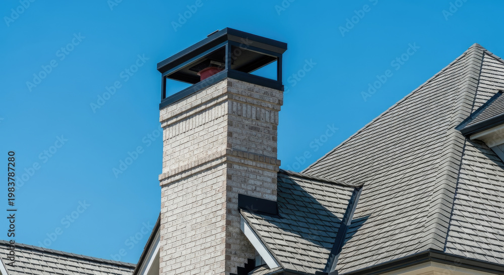 Obraz premium Brick chimney with metal cap on residential house roof against a clear blue sky in daylight; architectural detail of roofing structure