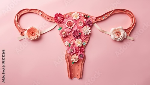 Cardboard uterus model with flowers on a pink backdrop, representing women's health and gynecology.