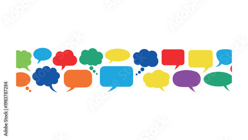 Communicative Cloudscape: An array of vibrant speech bubbles float across the frame, each a unique canvas for thought, conversation, and the exchange of ideas.