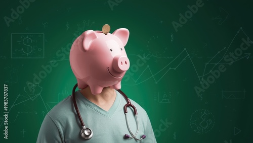 A piggy bank on a plastered head with a stethoscope against a green backdrop, symbolizing savings for healthcare and insurance.