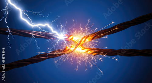 Electrical arc between bare copper wires causing sparks with lightning in a blue background in studio shot for science and technology projects