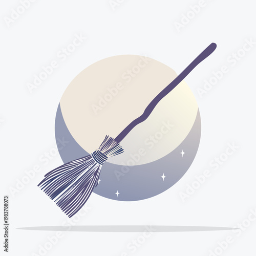 Stylized illustration of a witch's broom flying across a crescent moon and starry night sky.