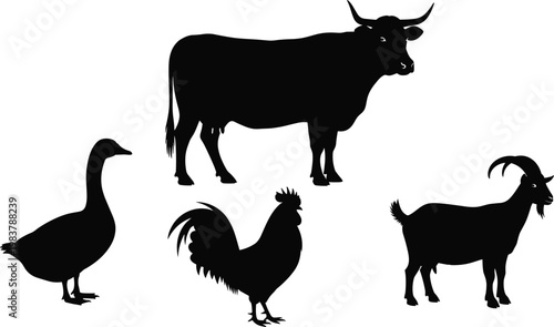 Farm animal silhouettes set featuring goose, rooster, cow, and goat in black vector style for agriculture design